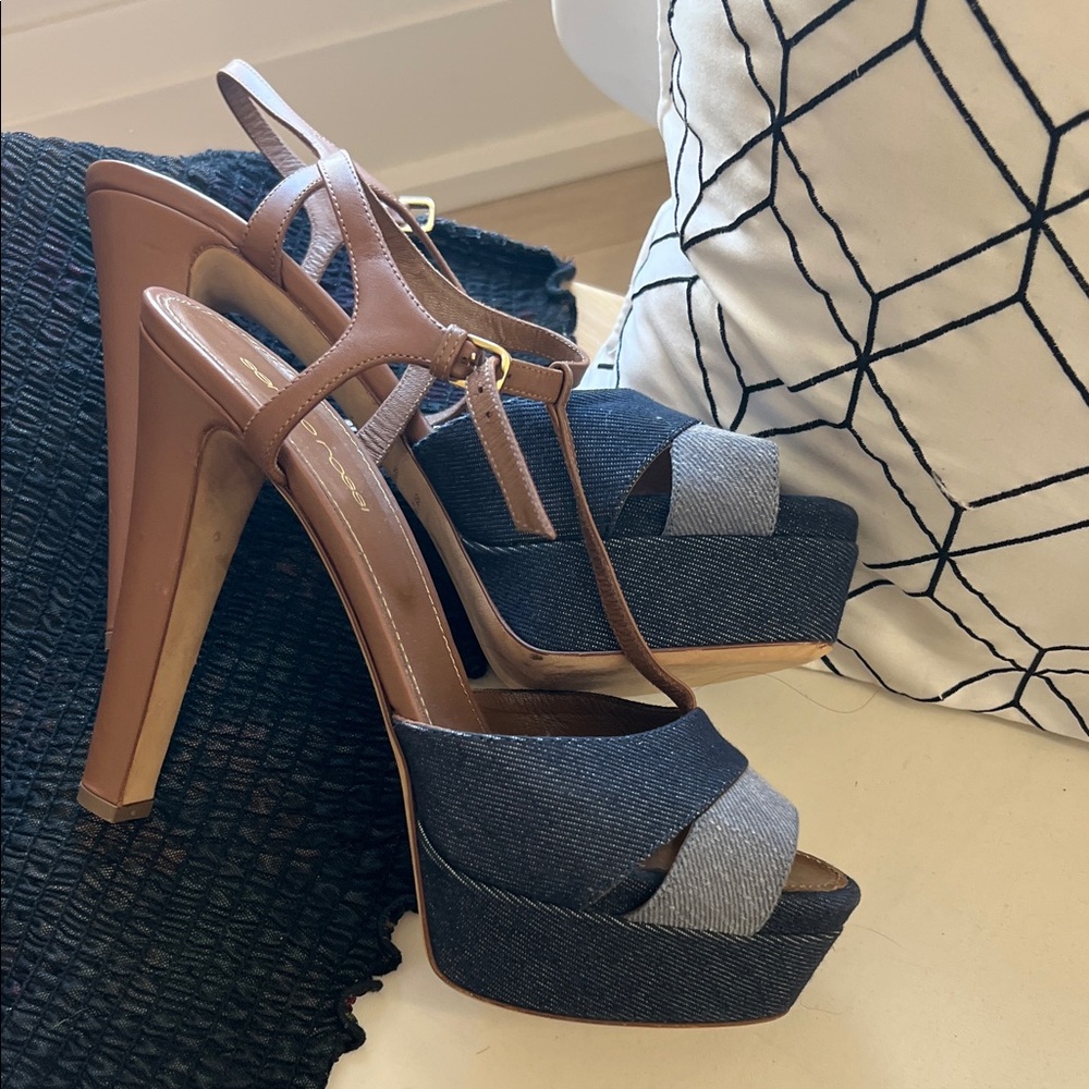 New Sergio Rossi Denim and Tan Platform Heels